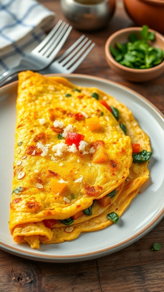 A savory oat and egg omelette filled with vegetables and cheese on a rustic table.